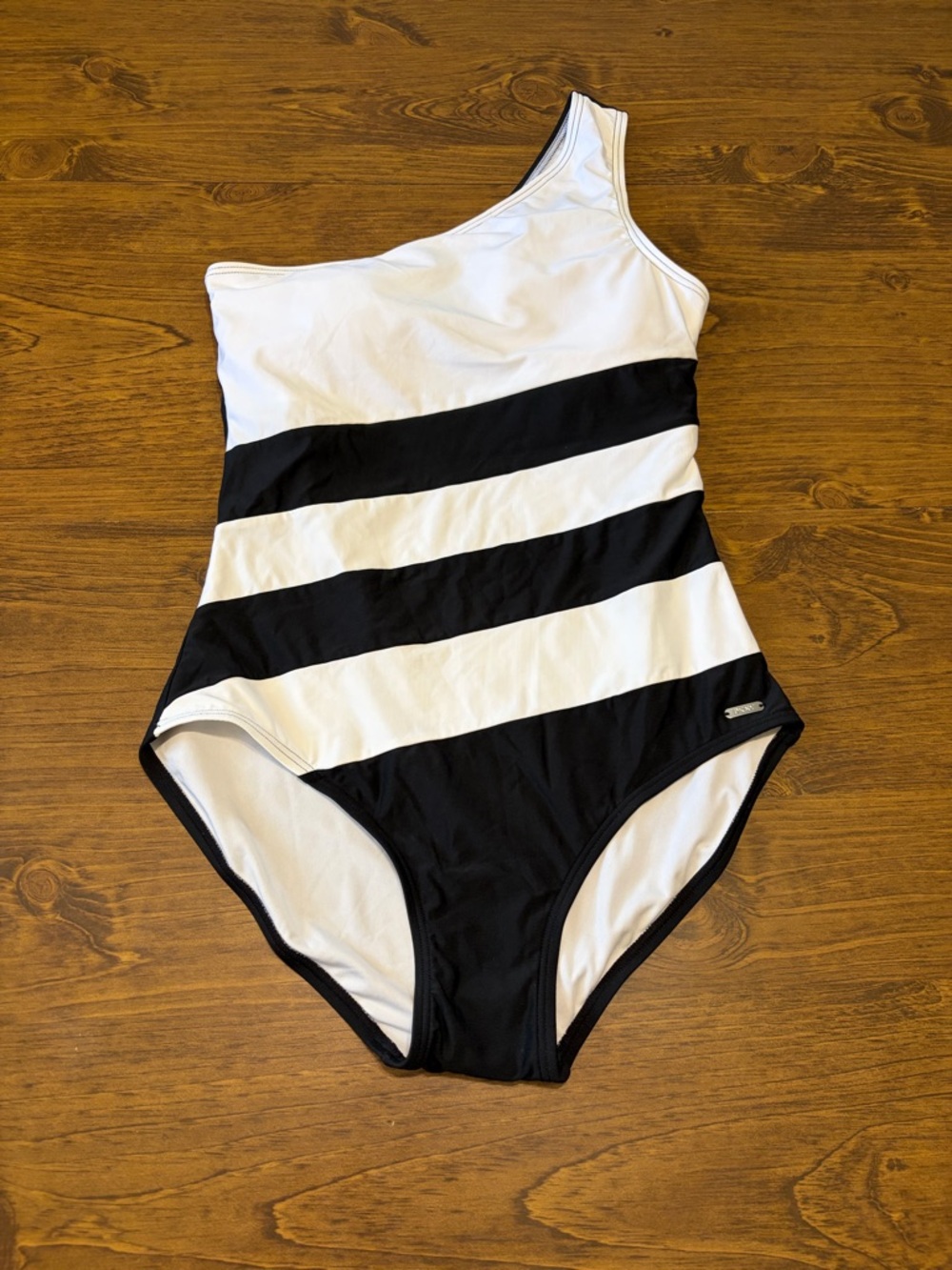 Dkny Black and White One-Shoulder Striped One-Piece Swim